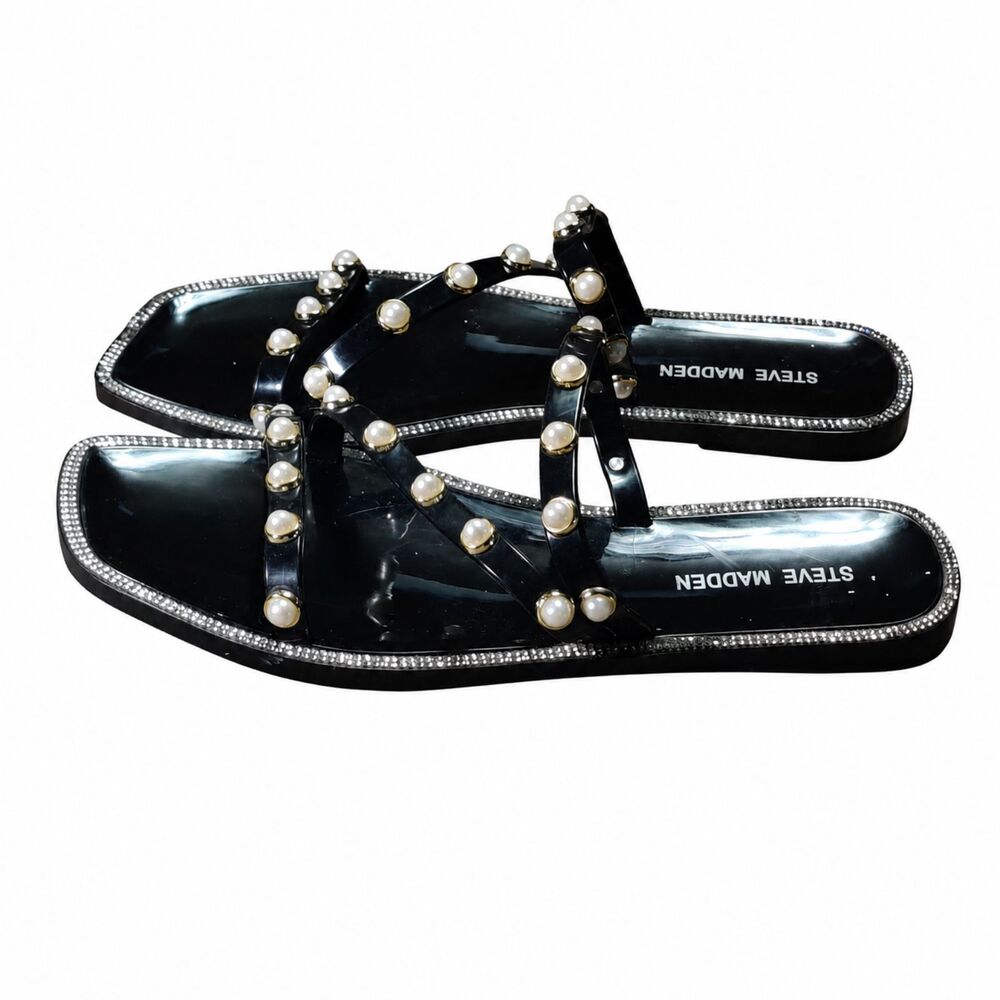 Steve Madden Womens Size 8 Black Pearl Rhinestone Strappy Flat Slide Sandals